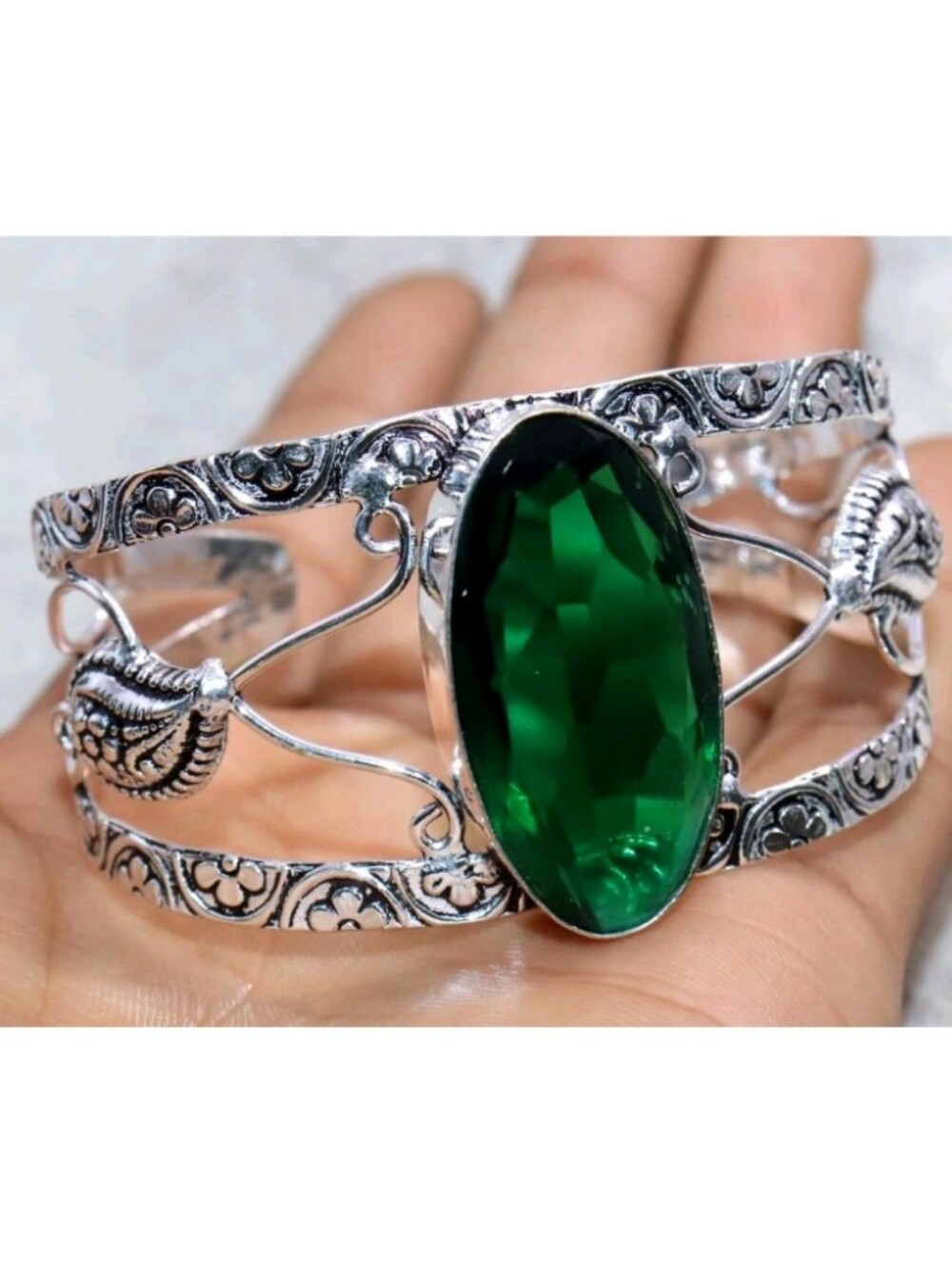 Green Topaz Faceted Gemstone 925 Sterling Silver Adjustable Cuff Bracelet